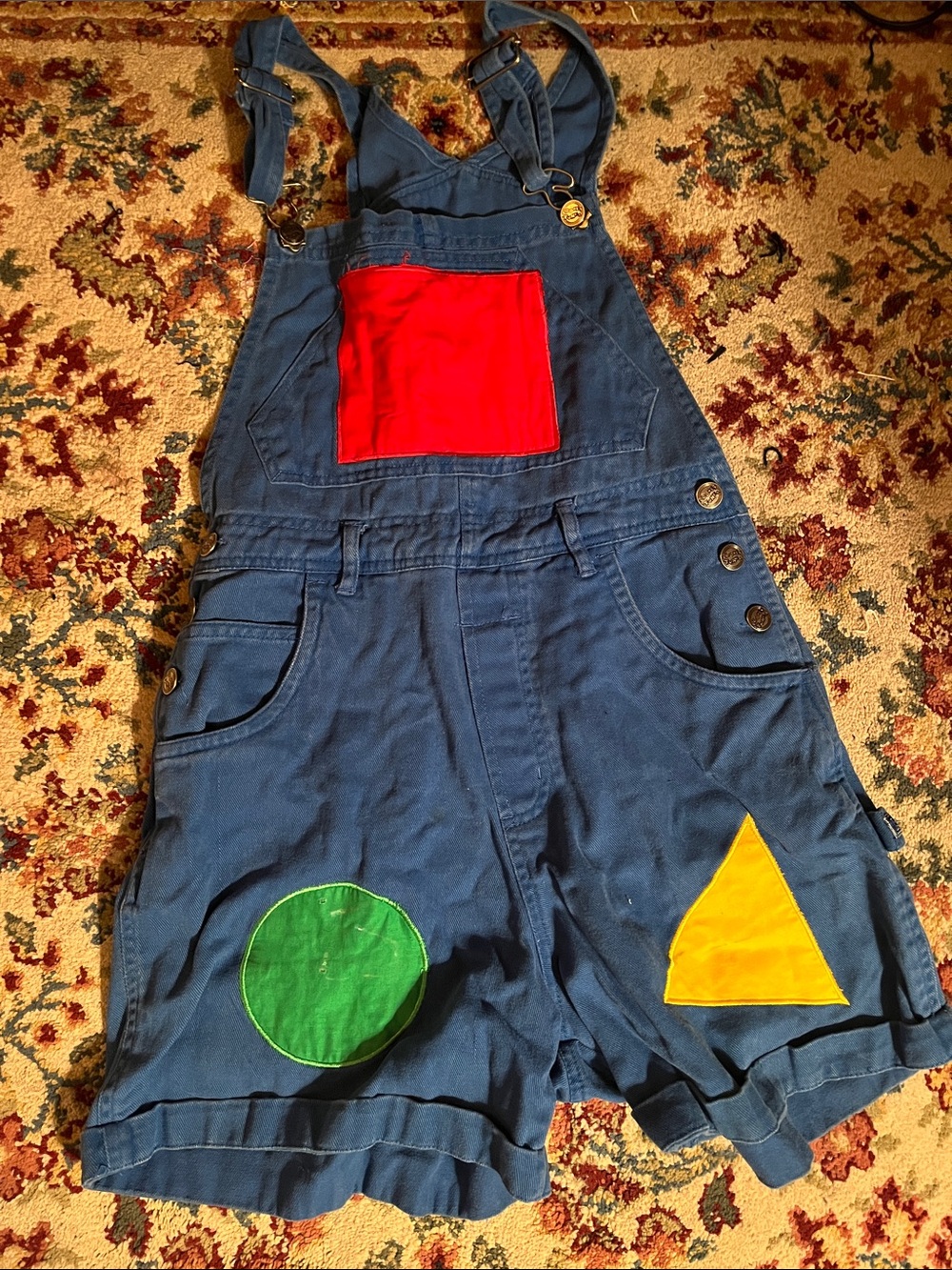 Warner Bros. Blue Overalls with Red, Green & Yellow Patches